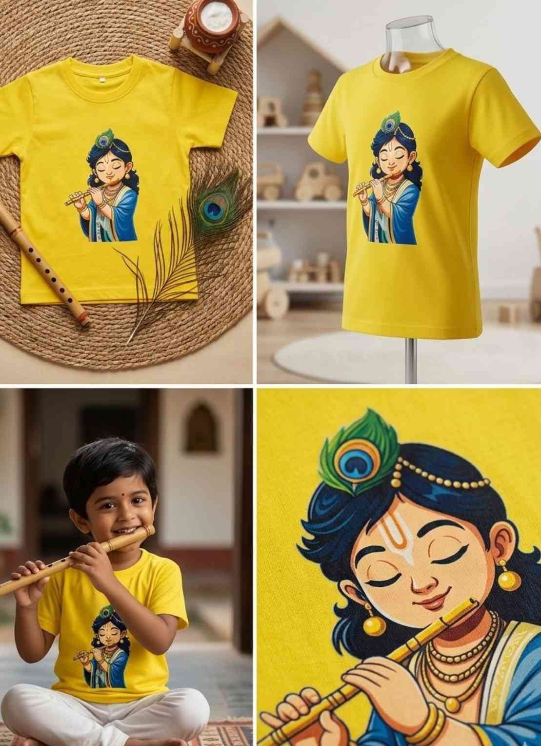 Yellow printed T-shirt with a Krishna illustration shown in lifestyle and detail views